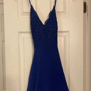 windsor royal blue dress with lace top and criss cross back